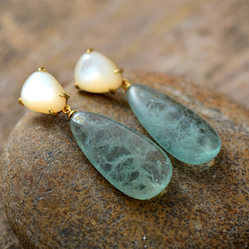Handmade Green Fluorite and Shell Stud Earrings