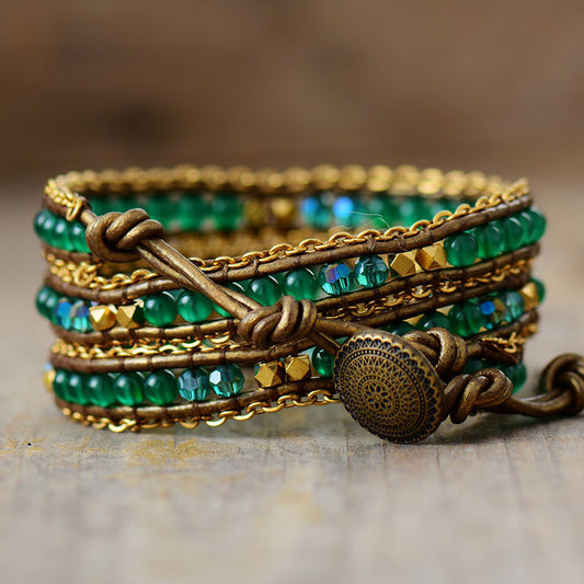 Handmade Green Onyx Leather Wrap Bracelet 19.7 inches+3 closures