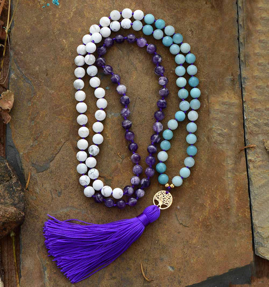 Handmade Howlite, Amazonite and Amethyst Mala with 108 8MM Beads