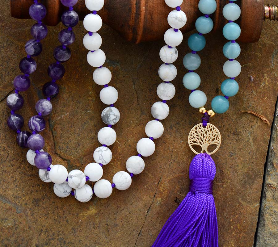 Handmade Howlite, Amazonite and Amethyst Mala with 108 8MM Beads