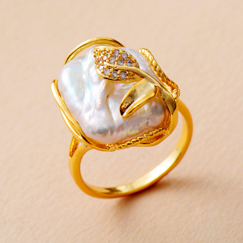 Handmade Ivory Freshwater Pearl & Gold Plated Flower Ring - Resizable