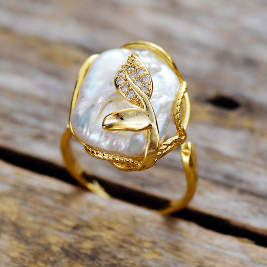 Handmade Ivory Freshwater Pearl & Gold Plated Flower Ring - Resizable