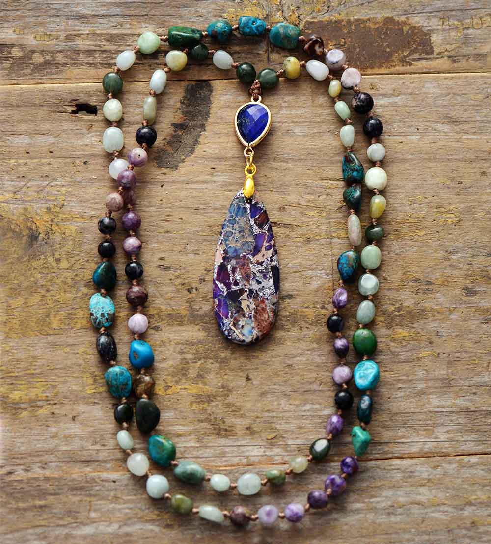 Handmade Jasper, Lapis Lazuli and Purple Mica Necklace with a Teardrop Pendant