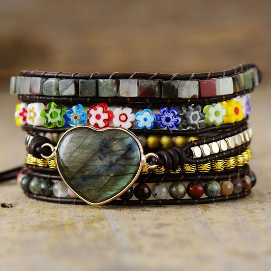Handmade Jasper and Labradorite Wrap Bracelet - 32.5 Inches + 3 Closures
