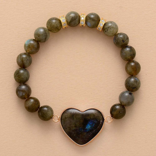 Handmade Labradorite Beaded Bracelet with a Heart Shaped Labradorite
