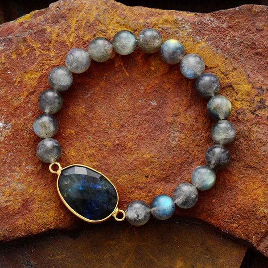 Handmade Labradorite Beaded Bracelet with a Labradorite Center