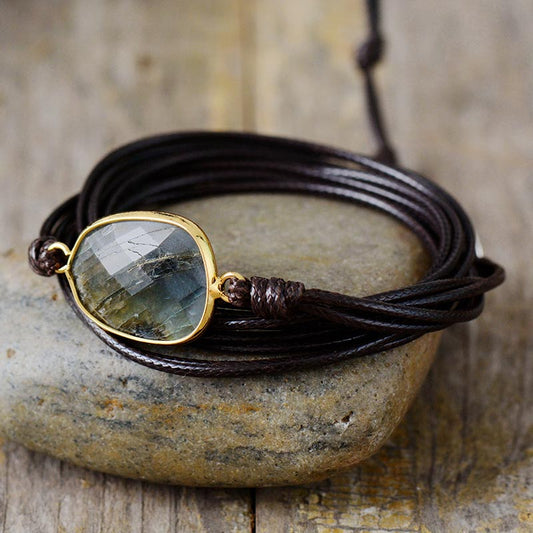 Handmade Labradorite Bracelet with a Dark Brown Wax Cord