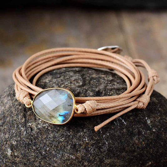 Handmade Labradorite Bracelet with a Tan Wax Cord