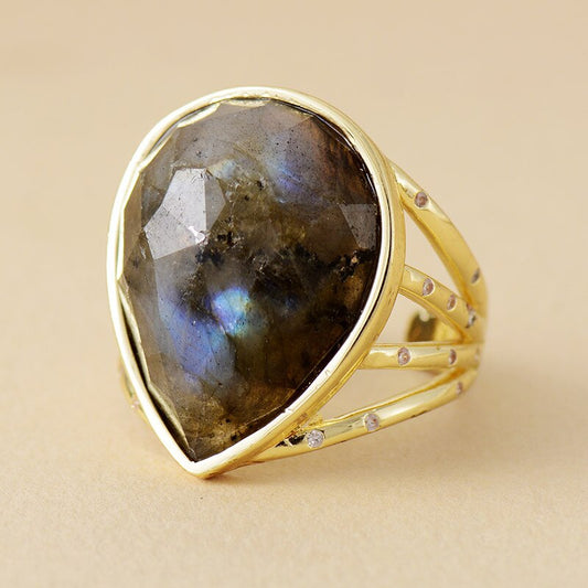 Handmade Teardrop Shaped Labradorite Resizable Gold Plated Ring