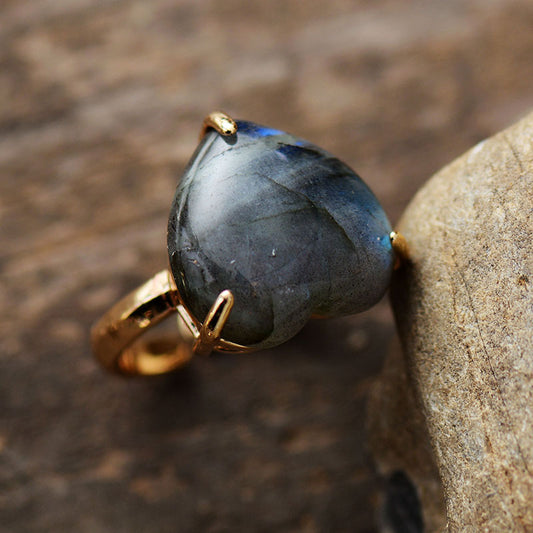Handmade Labradorite Adjustable Heart Ring