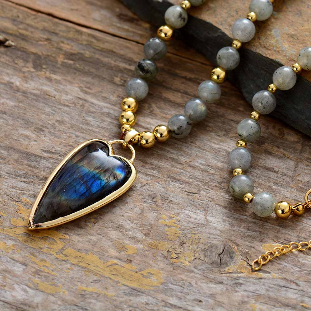 Handmade Labradorite Heart Pendant and Beaded Necklace