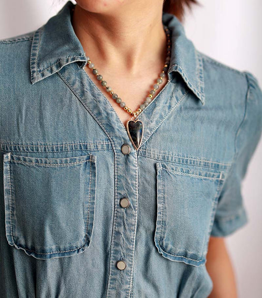 Handmade Labradorite Heart Pendant and Beaded Necklace