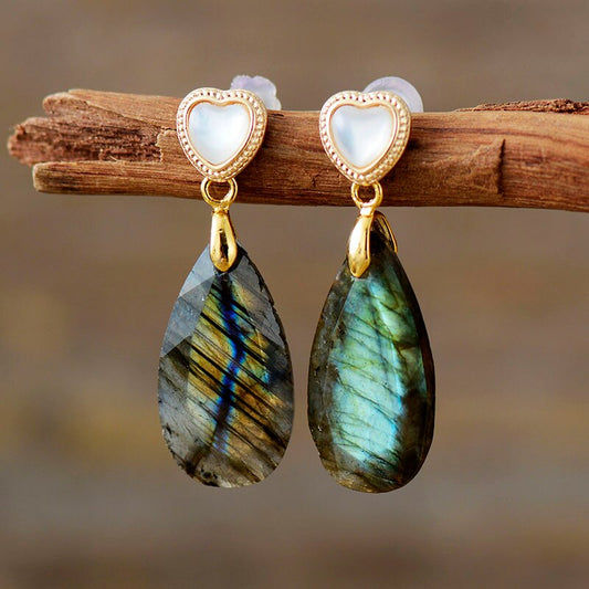 Handmade Labradorite Teardrop and Heart Stud Earrings