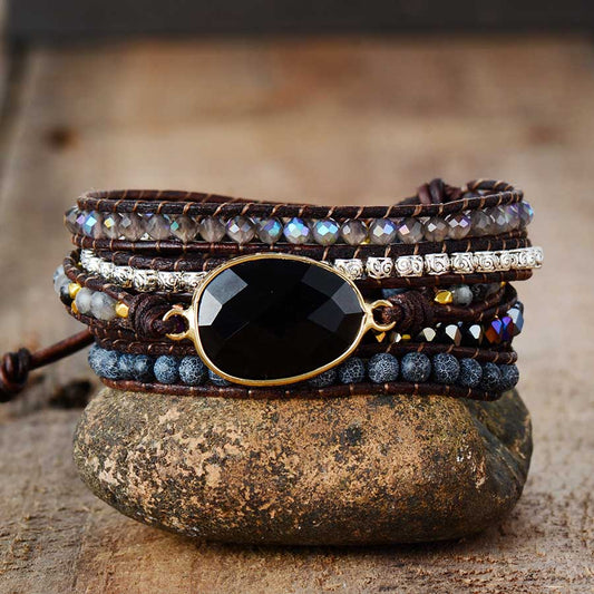 Handmade Labradorite, Frosted and Matt Onyx Wrap Bracelet
