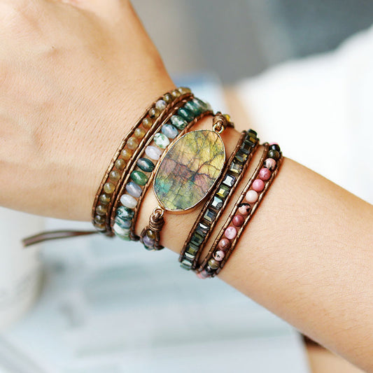 Handmade Labradorite, Onyx and Rhodonite Wrap Bracelet