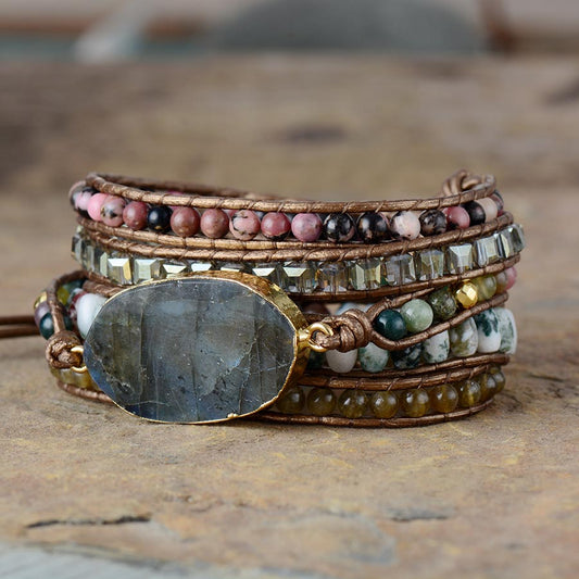 Handmade Labradorite, Onyx and Rhodonite Wrap Bracelet