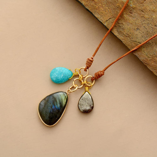 Handmade Labradorite, Pyrite and Amazonite Leather Pendant Necklace