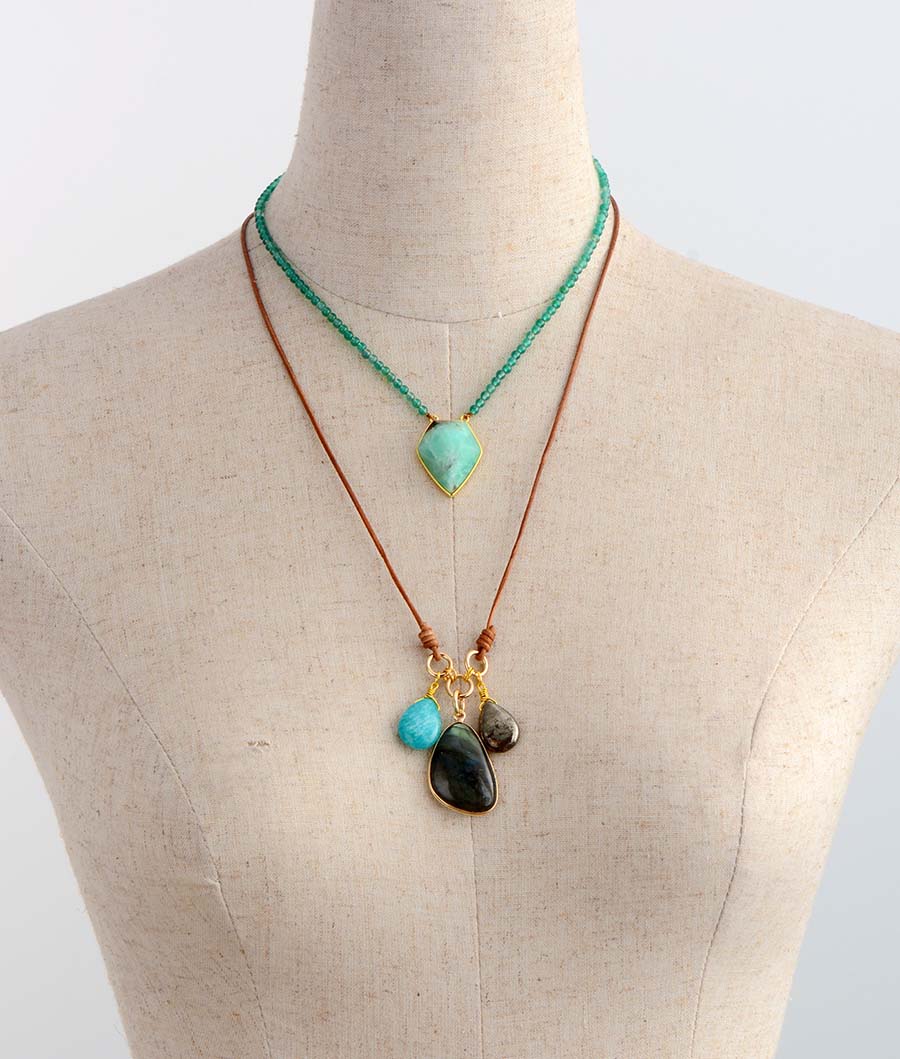Handmade Labradorite, Pyrite and Amazonite Leather Pendant Necklace