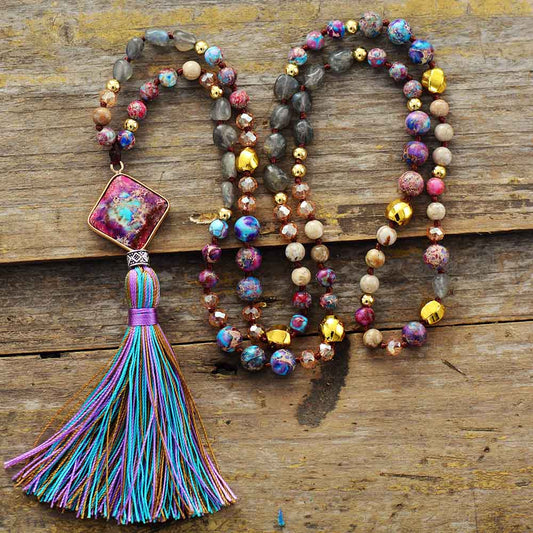 Handmade Labradorite and Jasper Necklace with a Jasper Pendant and Tassels