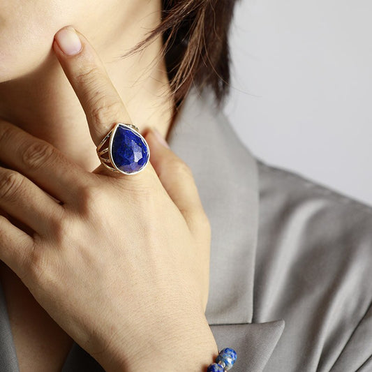 Handmade Teardrop Shaped Lapis Lazuli Resizable Gold Plated Ring