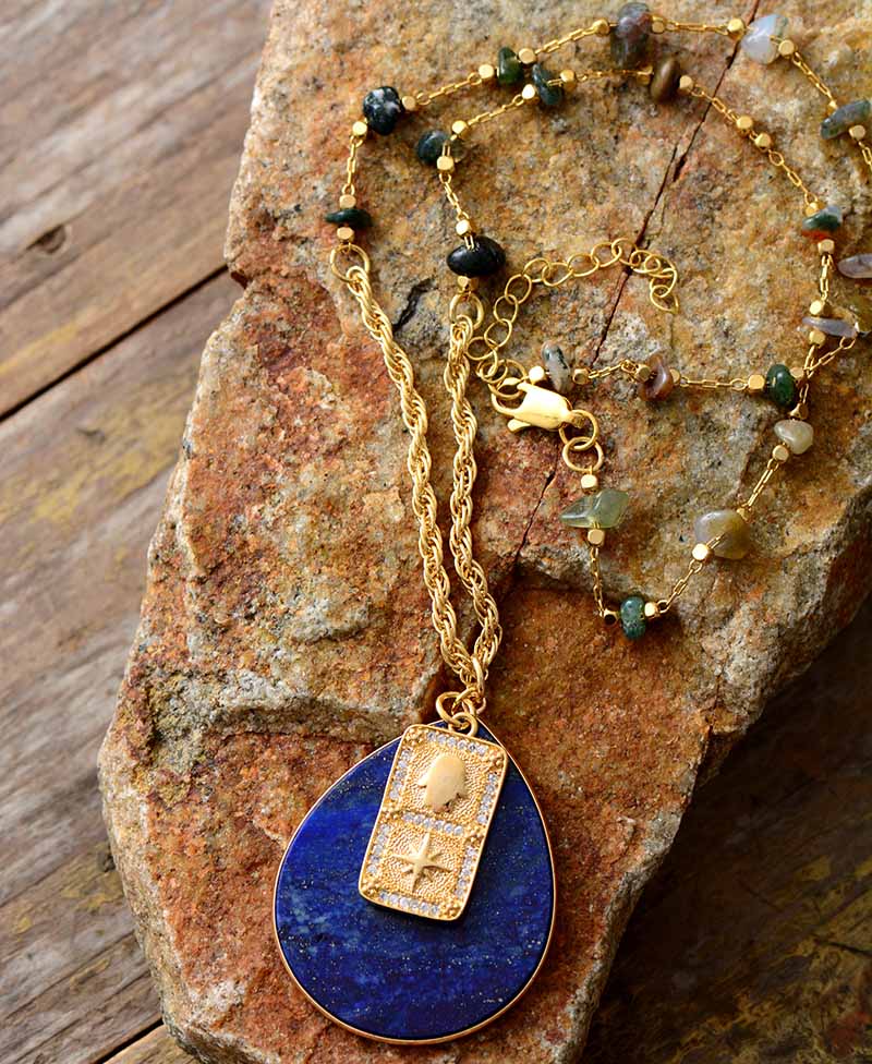 Handmade Lapis Lazuli Teardrop and Agate Pendant Necklace