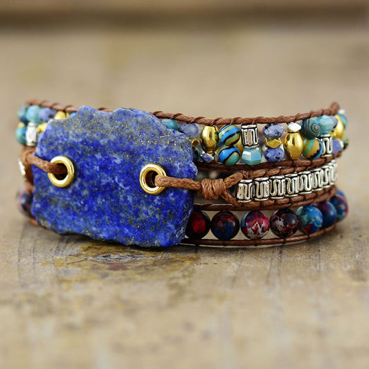 Handmade Natural Lapis Lazuli Center and Jasper Beaded Wrap Bracelet