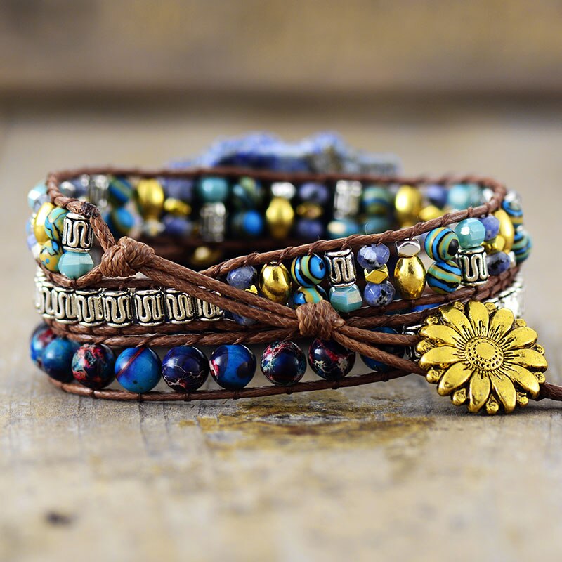 Handmade Natural Lapis Lazuli Center and Jasper Beaded Wrap Bracelet