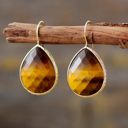 Handmade Natural Tigers Eye Teardrop Dangle Earrings