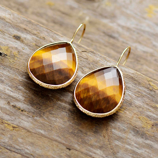 Handmade Natural Tigers Eye Teardrop Dangle Earrings