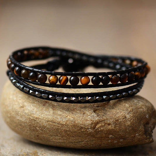 Handmade Natural Tigers Eye Leather Wrap Bracelet