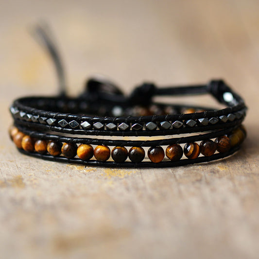 Handmade Natural Tigers Eye Leather Wrap Bracelet