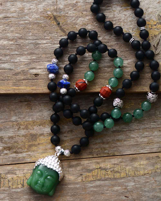 Handmade Onyx and Silver Necklace with a Buddha Pendant