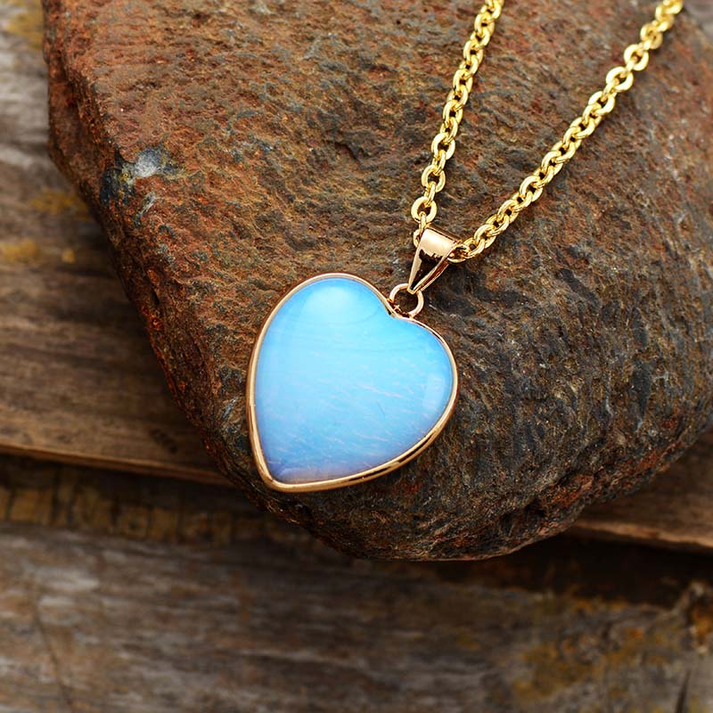 Handmade Opal Heart Shaped Pendant Necklace with a Gold Plated Chain