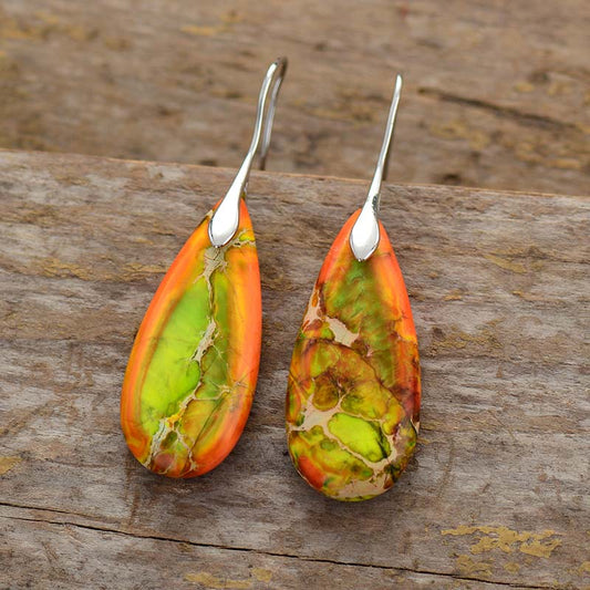 Handmade Orange Imperial Jasper Teardrop Dangle Earrings