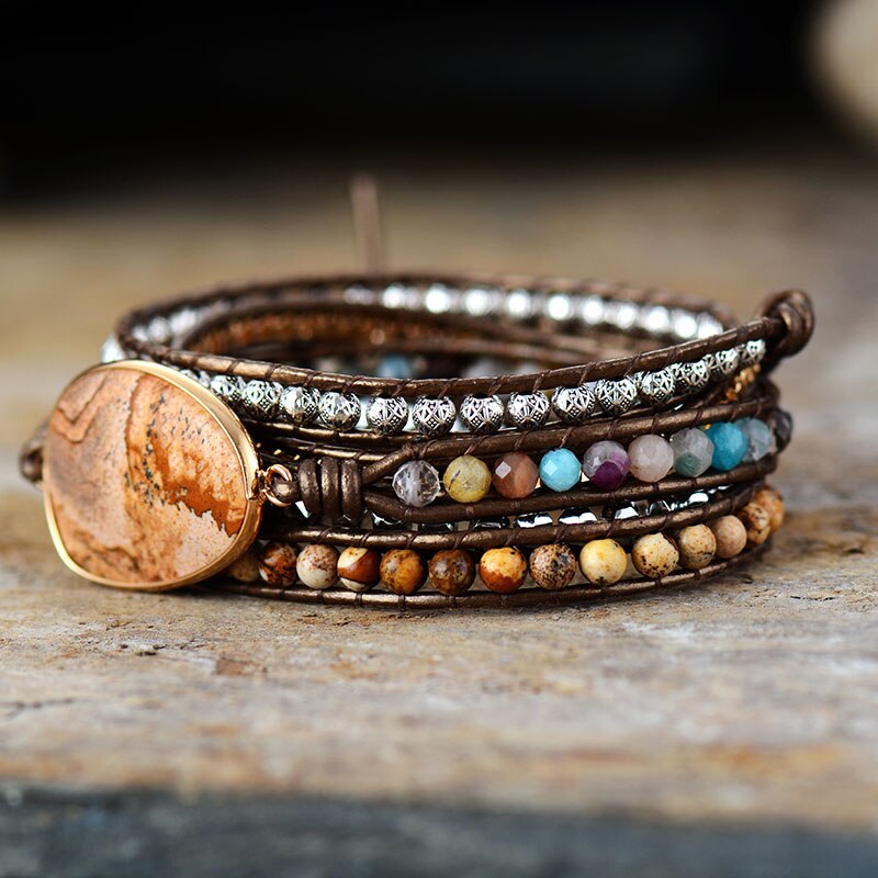 Handmade Picture Jasper, Agate and Hematite Wrap Bracelet