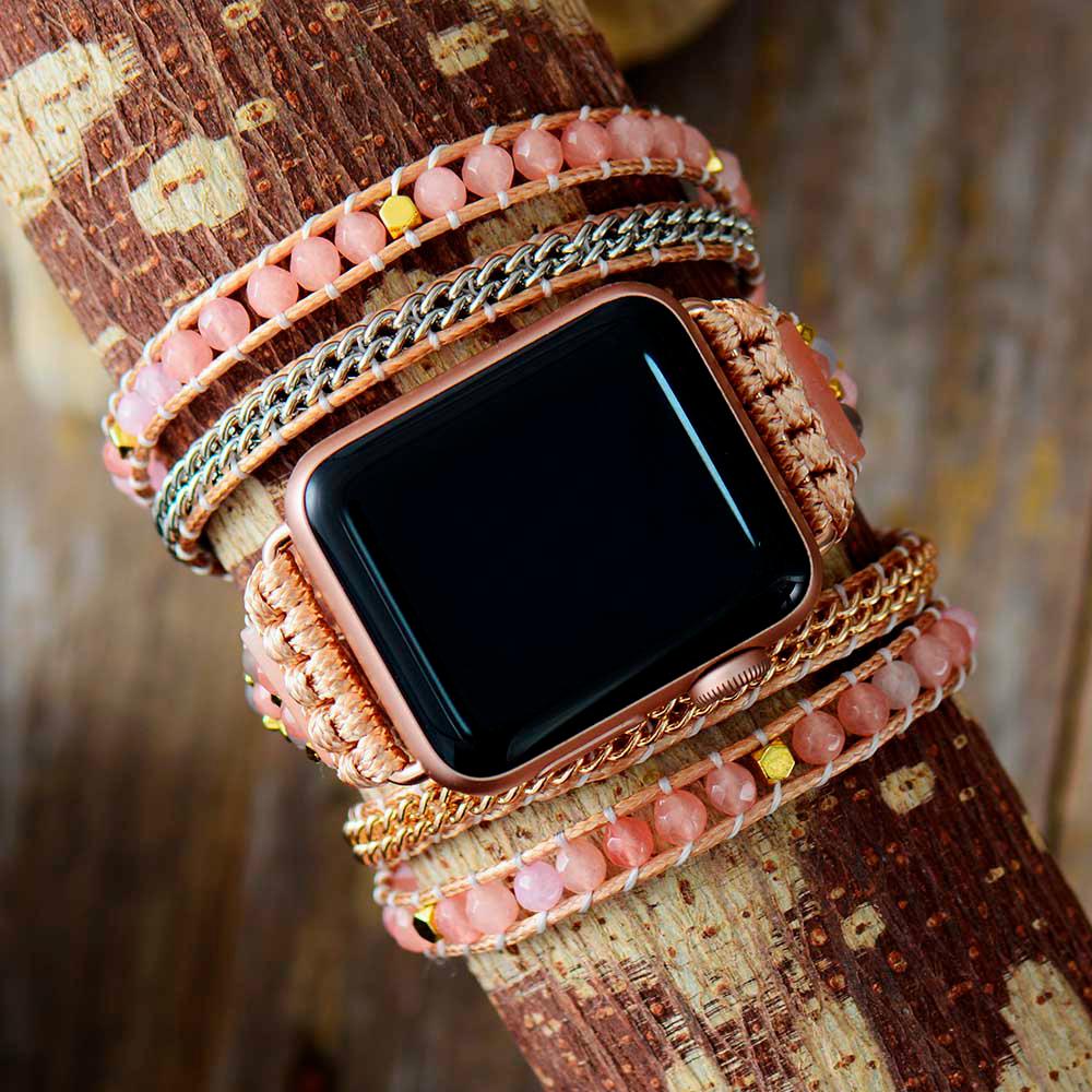 Handmade Pink Jade and Grey Matte Onyx Apple Watch Bracelet