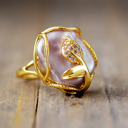 Handmade Purple Freshwater Pearl & Gold Plated Flower Ring - Resizable