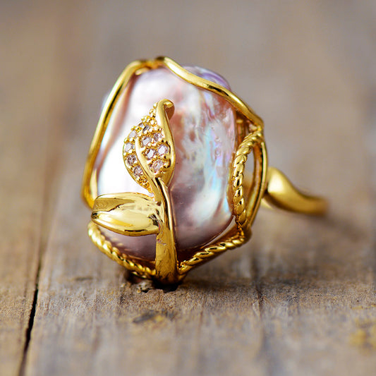 Handmade Purple Freshwater Pearl & Gold Plated Flower Ring - Resizable