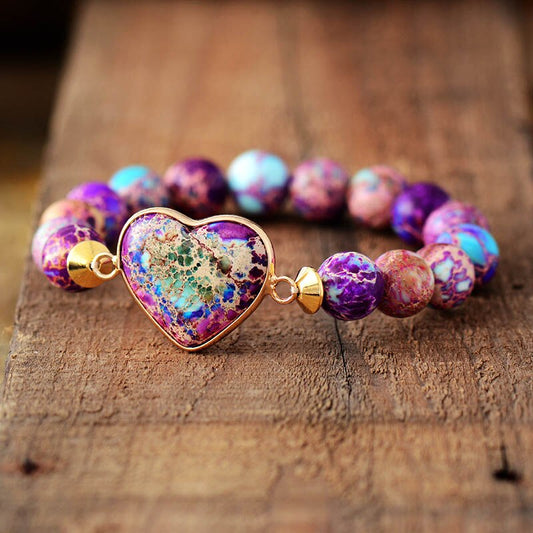 Handmade Purple Imperial Jasper Beaded Bracelet with a Heart