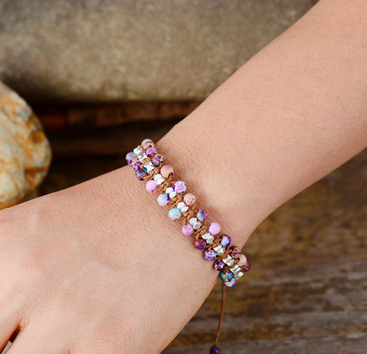 Handmade Purpler Jasper and Metal Beaded Braided Bracelet
