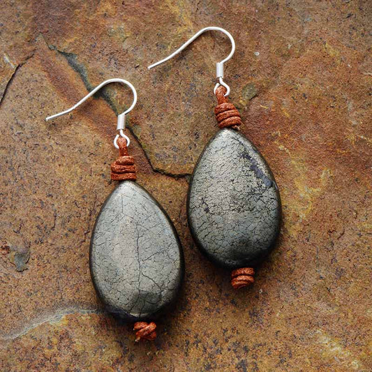 Handmade Pyrite Teardrop & Leather Dangle Earrings