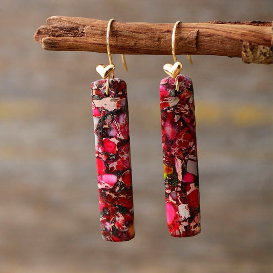 Handmade Red Imperial Jasper Dangle Earrings with a Gold Heart