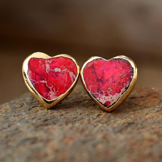 Handmade Red Imperial Jasper & Gold Heart Shaped Earrings