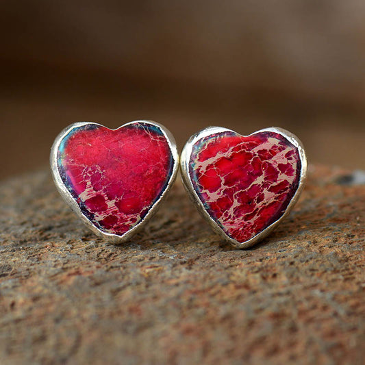 Handmade Red Imperial Jasper & Silver Heart Shaped Earrings