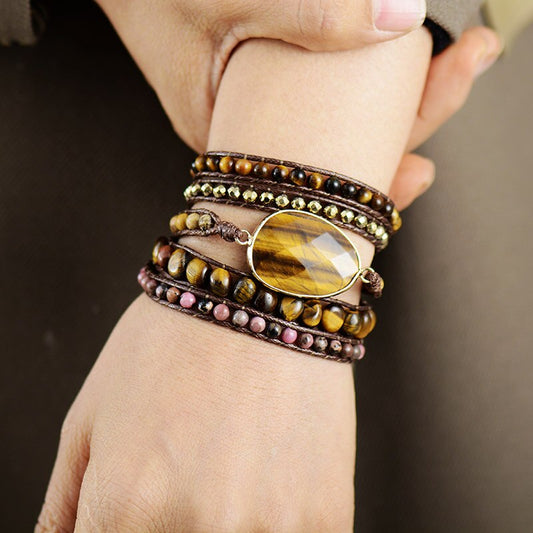 Handmade Rhodonite and Tigers Eye 5 Wrap Bracelet - 32.5 Inches