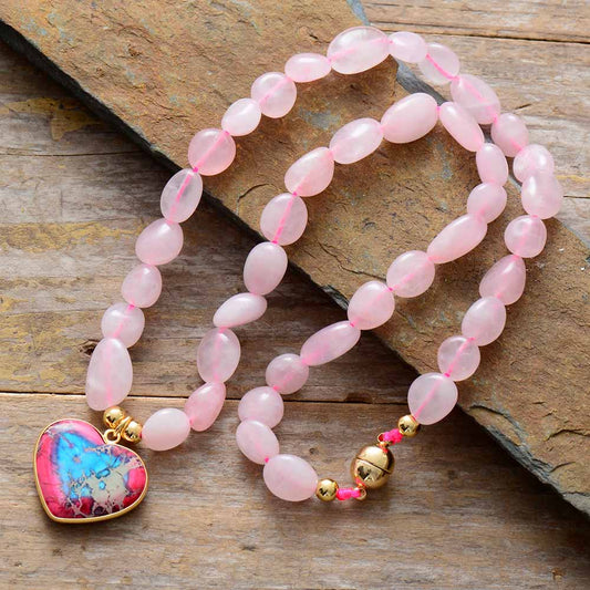 Handmade Rose Quartz and Jasper Heart Pendant Necklace