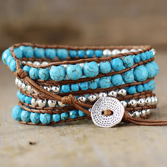 Handmade Turquoise and Metal Wrap Bracelet - 32.5 Inches + 3 Closures