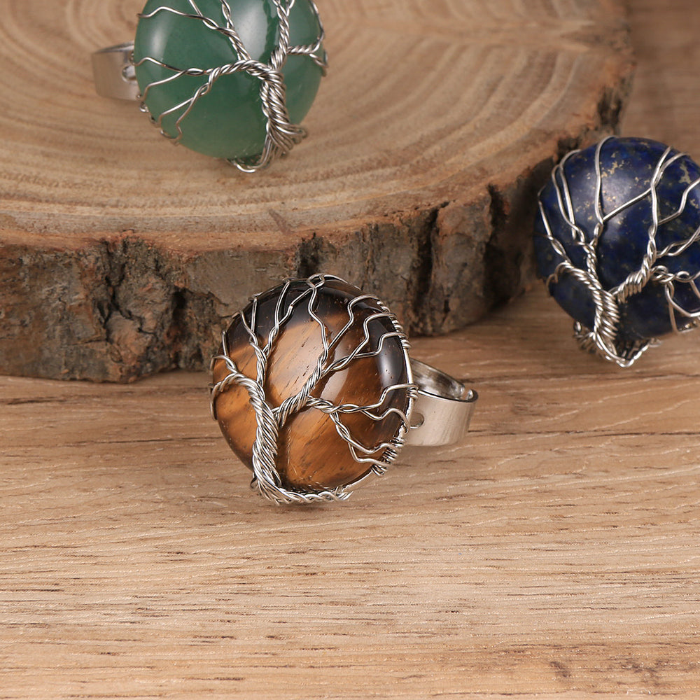 Resizable Lapis Lazuli Natural Stone Ring With a Silver Tree of Life Wrap