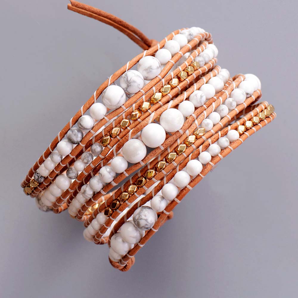 Handmade Natural Howlite Beaded Leather Bracelet - 5 Wrap