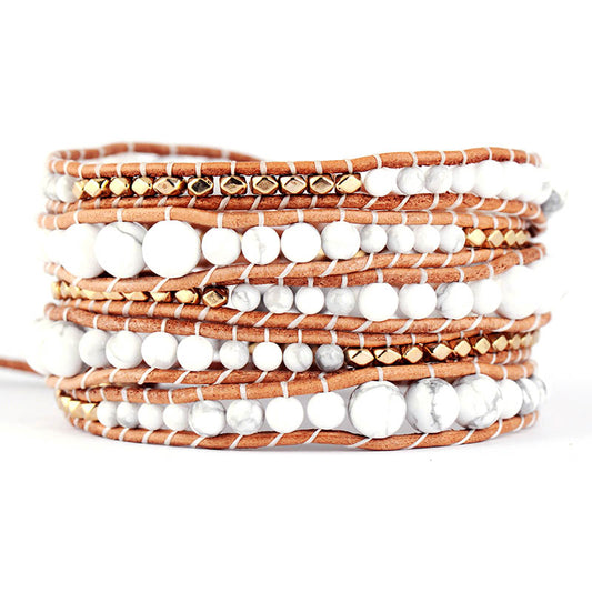 Handmade Natural Howlite Beaded Leather Bracelet - 5 Wrap